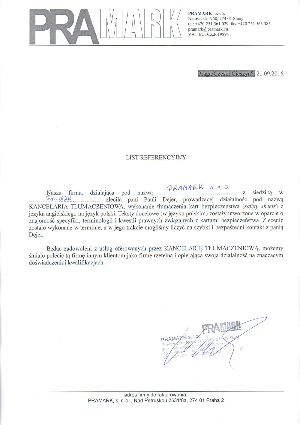 Certyfikat Pramark - Kancelaria Tłumaczeniowa Paula Dejer